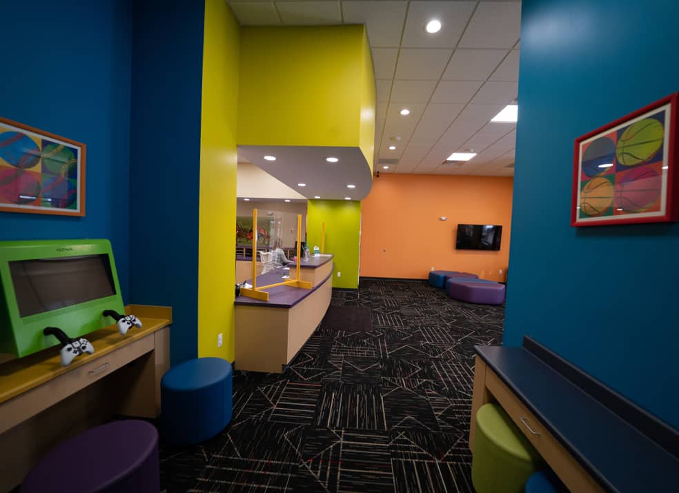 office front desk and play area