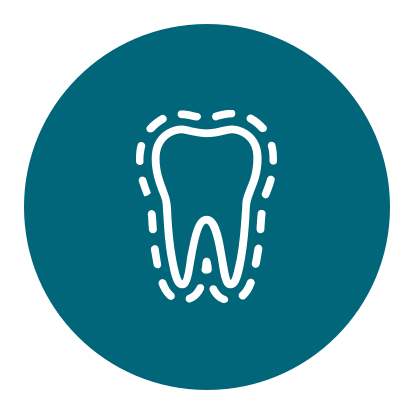 White tooth icon surround by a dashed outline in blue circle