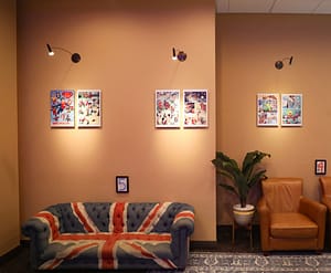 reception area with couch that looks like the British flag