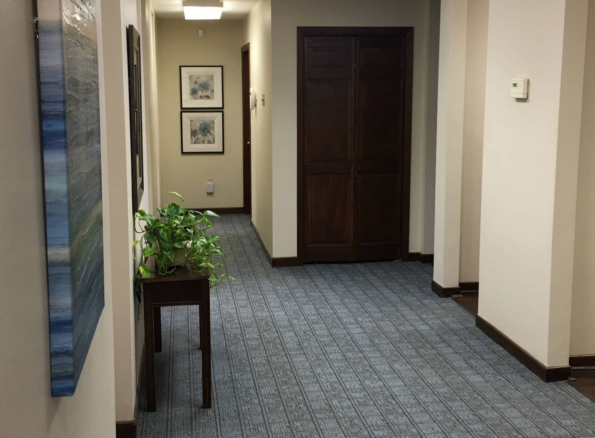 office hallway with brown door at end and blue patterned carpet